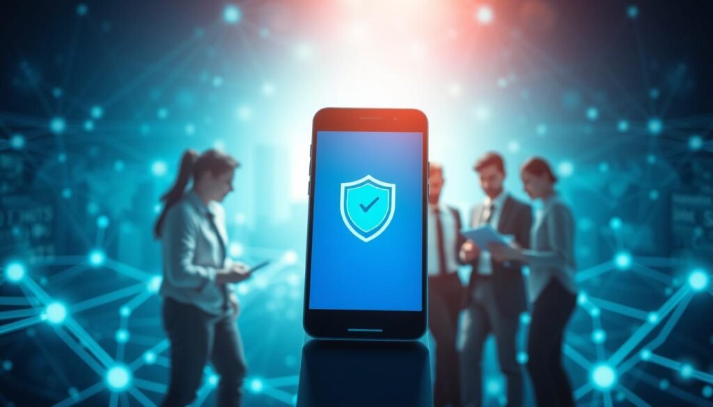 A visually striking composition depicting data protection and scam detection on an Android device. In the foreground, an Android smartphone displays a vibrant, secure interface showcasing a shield symbol for data privacy. The middle ground features a diverse group of professionals in smart casual attire, engaged in a discussion around data security, analyzing graphs and reports. In the background, an abstract digital landscape exemplifying cyber networks and encrypted data streams, bathed in cool blue and green tones to evoke a sense of trust and security. Soft lighting highlights the central smartphone while casting subtle shadows, creating depth and focus. The overall mood is one of vigilance and professionalism, emphasizing the importance of personal data protection in a technological world.