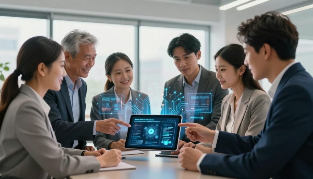A visually striking composition depicting the theme of "Ethical Values in Technology Development". In the foreground, a diverse group of professionals in business attire passionately discussing a digital tablet displaying AI-related graphs and ethical guidelines. In the middle ground, high-tech elements like circuits and soft glowing screens surround them, symbolizing technological advancement. The background features a modern office environment with large windows, allowing natural light to filter through, creating a bright and optimistic atmosphere. The scene should evoke a sense of collaboration and responsibility in tech development, with a clear focus on ethical considerations. Use soft, warm lighting to enhance a professional yet inviting mood while maintaining clarity in the details of the setting.
