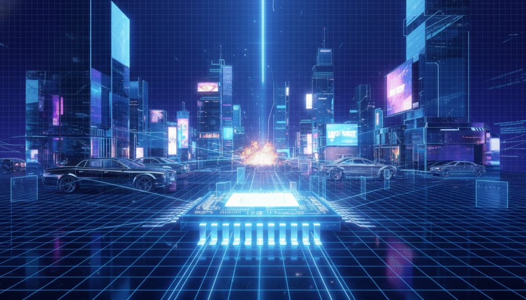 A visually striking composition showcasing the concepts of rasterization and ray tracing in a futuristic setting. In the foreground, a glowing, high-tech GPU chip emits beams of light, symbolizing advanced performance, with intricate circuitry visible. The middle ground features a digital landscape filled with vibrant, hyper-realistic 3D models and reflections that demonstrate ray tracing, with light interacting dynamically across surfaces. The background is a dark, stylized digital grid, suggestive of cutting-edge technology, with subtle data flows enhancing the atmosphere. The lighting should be dramatic, with a bluish hue that conveys a sense of innovation and future readiness. The overall mood is energetic and forward-looking, embodying the advancements promised in the gaming industry.