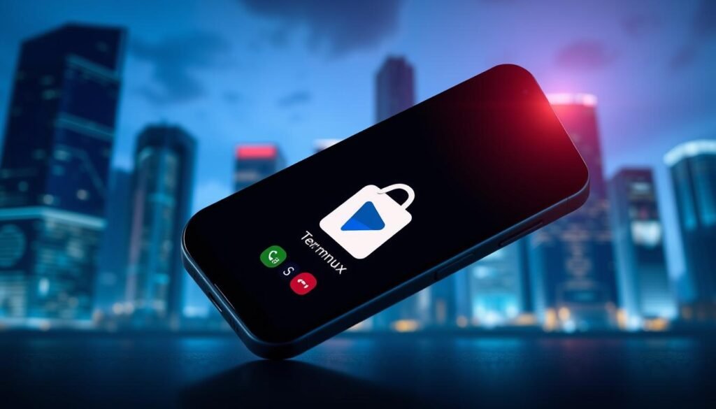 A visually striking digital artwork depicting the concept of "Termux Kembali Play Store 2024." In the foreground, illustrate a smartphone with a sleek design displaying the Termux app icon prominently on its screen. The middle layer features a blurred representation of the Play Store interface, creating a sense of depth and emphasizing the return of Termux. In the background, a modern, tech-inspired city skyline under a twilight sky adds a futuristic atmosphere, with soft ambient lighting highlighting the buildings. Use a low-angle perspective to enhance the smartphone, giving it prominence. The mood should evoke excitement and innovation, reflecting a positive technological advancement while maintaining a professional and polished appearance, suitable for an article illustration.