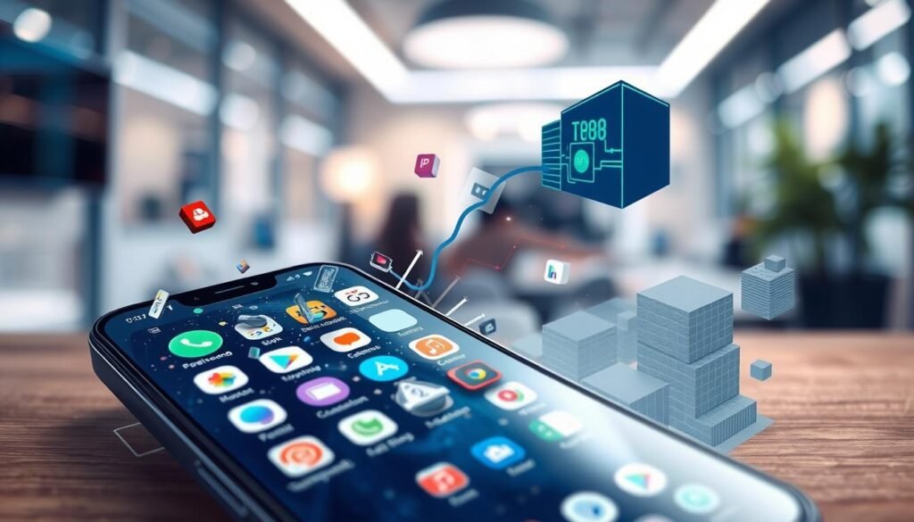 A visually striking illustration depicting the concept of "application conflict with background system" in a technology environment. In the foreground, a smartphone screen shows a chaotic arrangement of application icons with some glitching or freezing as a metaphor for performance issues. The middle ground features abstract representations of system background processes, like flowing data streams and blocky data structures, suggesting the aggressive resource management of Android 14. The background should include a blurred, modern office setup with soft lighting, portraying a tech-savvy atmosphere. Use a lens effect to create a slight depth of field, focusing on the smartphone while keeping the background slightly hazy. The overall mood should evoke a sense of urgency and frustration related to device performance.