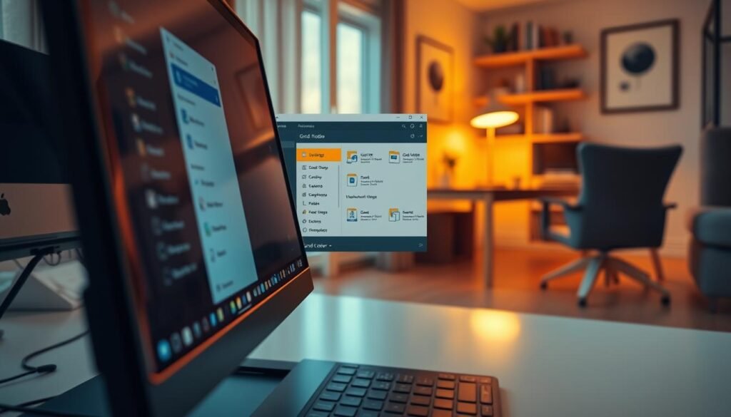 A visually striking image depicting a computer screen showcasing the steps to create a God Mode folder in Windows. In the foreground, there is a sleek, modern desktop computer with a high-resolution display, showing a close-up of the Windows interface with the God Mode icon highlighted. The middle layer features an open folder with different system icons and settings, emphasizing organization and efficiency. In the background, a cozy home office setting with warm lighting, including a wooden desk and a stylish chair, creates a welcoming atmosphere. The overall mood is informative and empowering, encouraging users to explore advanced computer features, shot from a slight angle to give depth to the scene.
