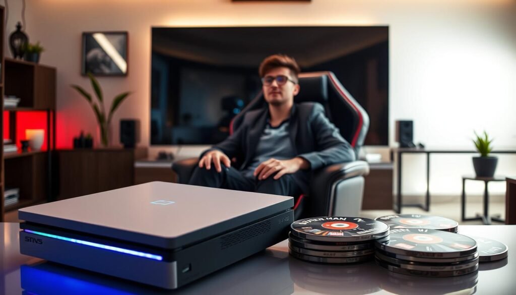 A visually striking image of a modern gaming console displayed prominently in the foreground, showcasing its sleek design and vibrant LED lights. Surround the console with a variety of popular game discs, including a prominently placed copy of "Marvel's Spider-Man 2," positioned at a slight angle to draw attention. In the middle ground, a gamer seated comfortably in a stylish gaming chair, dressed in a smart casual outfit, intently plays the game on a large, high-resolution screen, casting reflections of the game on their focused face. The background features a subtly illuminated gaming room with modern decor and ambient lighting to create an inviting atmosphere. The overall mood is one of excitement and immersion in the gaming experience, emphasizing the value and enjoyment of the gaming console.