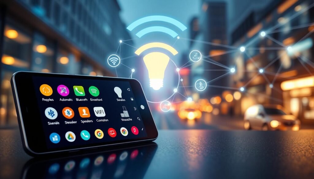 A visually striking representation of Android automation and connectivity features. In the foreground, depict a sleek Android device showcasing vibrant app icons related to automation tools, such as smart home controls and seamless connectivity options. In the middle, integrate a representation of Wi-Fi and Bluetooth signals, symbolizing data exchange and connectivity, with glowing lines connecting various devices like smart bulbs, speakers, and wearables. In the background, suggest a modern cityscape or a digital network environment with abstract interconnecting lines and nodes, highlighting the theme of technology integration. Use bright, energetic lighting to create a dynamic atmosphere, similar to a tech advertisement shot with a wide-angle lens. Aim for clarity and sharpness, with a professional feel, ensuring the absence of any text or labels. A visually striking representation of Android automation and connectivity features. In the foreground, depict a sleek Android device showcasing vibrant app icons related to automation tools, such as smart home controls and seamless connectivity options. In the middle, integrate a representation of Wi-Fi and Bluetooth signals, symbolizing data exchange and connectivity, with glowing lines connecting various devices like smart bulbs, speakers, and wearables. In the background, suggest a modern cityscape or a digital network environment with abstract interconnecting lines and nodes, highlighting the theme of technology integration. Use bright, energetic lighting to create a dynamic atmosphere, similar to a tech advertisement shot with a wide-angle lens. Aim for clarity and sharpness, with a professional feel, ensuring the absence of any text or labels.