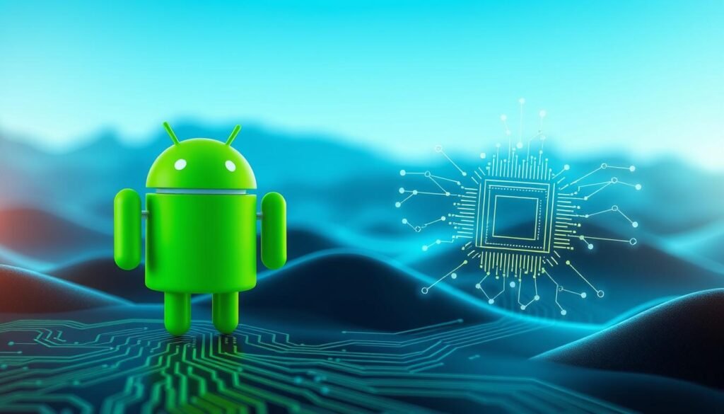 A visually striking representation of a technical landscape where the Android logo seamlessly integrates with the Linux kernel structure. In the foreground, display a detailed depiction of a stylized Android logo, surrounded by dynamic circuit patterns that symbolize the kernel's functionality. In the middle ground, illustrate abstract lines and nodes to represent data flow and connectivity associated with mobile technology. The background features a gradient of blues and greens, evoking a sense of technology and innovation, with soft lighting highlighting the edges of the elements. Use a slightly elevated angle to create depth, enhancing the mood of curiosity and technical sophistication. The atmosphere should convey a sense of exploration within the tech realm.