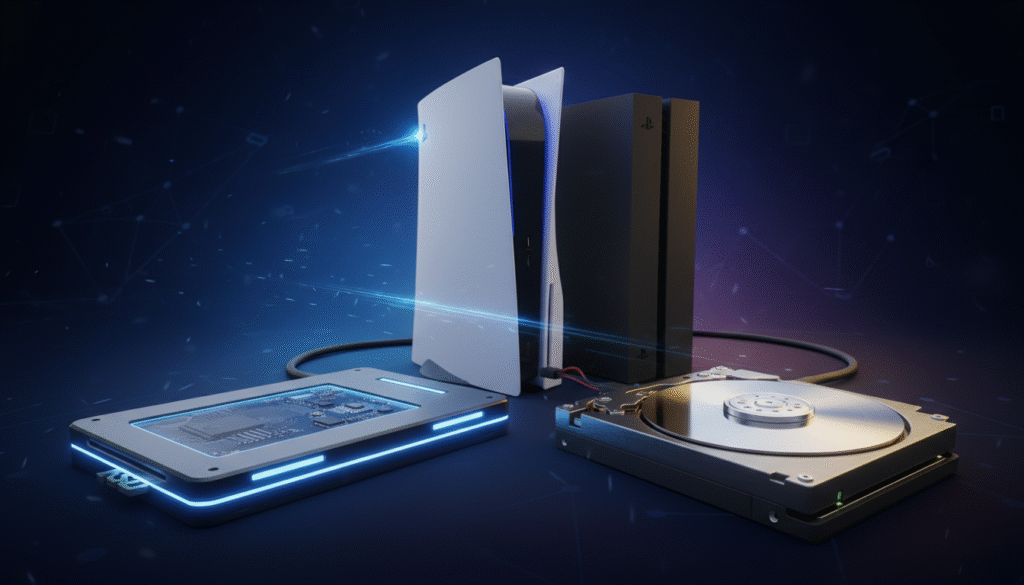 A visually striking scene illustrating the contrast between an SSD and an HDD. In the foreground, a sleek modern SSD is shown, glimmering with LEDs and streamlined design, symbolizing speed and efficiency. Next to it, a traditional HDD, larger and bulkier, with spinning disks barely visible, representing slower load times. In the middle background, a PS5 console and a PS4 are positioned side by side, emphasizing the evolution of gaming hardware. Dynamic lighting highlights the SSD while casting subtle shadows over the HDD, creating a sense of disparity. The atmosphere is high-tech and futuristic, with a dark gradient backdrop that suggests depth and innovation. The overall mood conveys the urgency and excitement of faster loading times, inviting the viewer to explore the impact of technology on gaming.