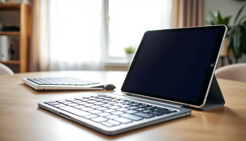 A well-lit, modern workspace featuring an iPad propped up in a Smart Case beside a sleek wireless keyboard with a trackpad. The foreground shows the iPad with its Smart Case in vivid detail, highlighting the texture and functionality of the case. In the middle ground, the wireless keyboard is positioned strategically, emphasizing its ergonomic design. The background consists of a softly blurred home office environment with natural light streaming through a nearby window, creating a warm and inviting atmosphere. The overall mood is professional and user-friendly, suggesting an ideal setup for a beginner using the Smart Case with their iPad.
