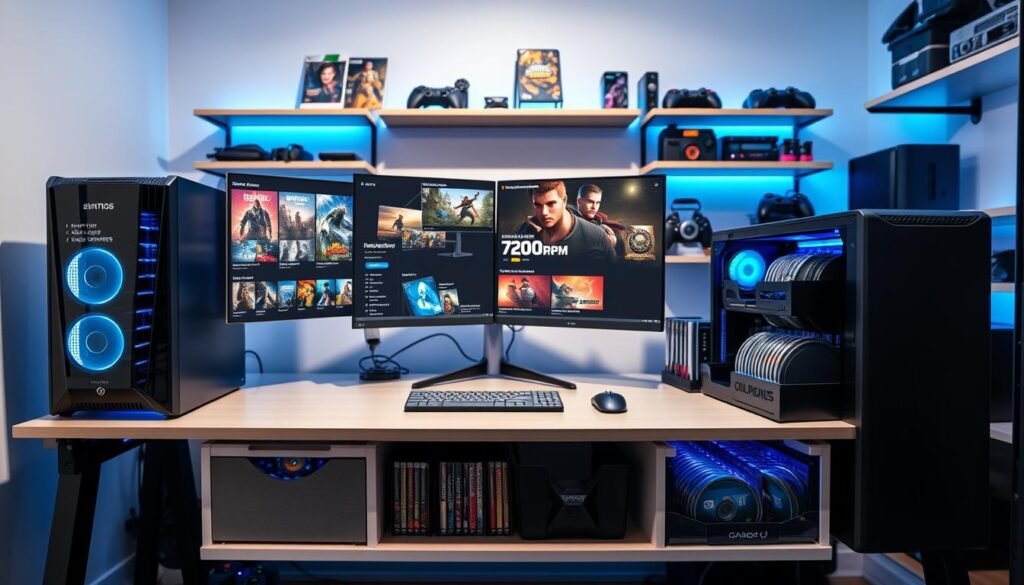 A well-organized gaming storage setup designed for a budget-conscious gamer. In the foreground, a sleek, modern desk with multiple storage solutions: a stylish gaming tower with visible hard drives labeled for 7200RPM HDDs, and a set of organizers neatly housing game discs. In the middle, a dual-monitor setup displaying game libraries and setup recommendations, surrounded by ambient LED lighting in cool blue tones. The background features a clean wall with shelves showcasing gaming memorabilia and additional storage units for expansion. The scene is brightly lit with a focus on clarity and detail, capturing a vibrant and engaging atmosphere ideal for gamers planning their setups in 2025. The overall mood is inviting and resourceful, perfect for inspiring organization and efficiency.
