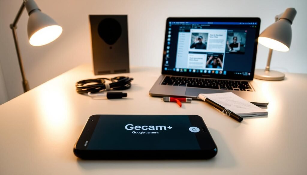 A well-organized workspace for preparing to install the Google Camera (GCam) on a Xiaomi device, featuring a sleek modern desk in a softly lit room. In the foreground, a Xiaomi smartphone with an open screen displaying the GCam app, alongside a laptop showing instructional guides. In the middle background, tools for smartphone modifications, such as USB cables, a small screwdriver set, and a notepad with handwritten notes, create an atmosphere of focus and ambition. The warm glow of desk lamps casts gentle lighting, enhancing the tech-savvy vibe. The overall mood is one of anticipation and excitement, as tech enthusiasts prepare for an innovative photography upgrade.