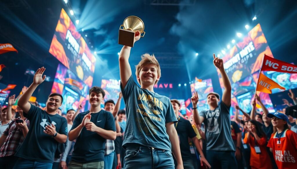 A young boy, Bubba Dub, celebrating his Fortnite World Cup victory at just 16 years old, stands confidently in the foreground. He is dressed in casual esports attire, holding his championship trophy high above his head, with a huge smile on his face. His friends surround him, also in casual gaming apparel, cheering in excitement, their expressions mirroring joy and pride. In the middle ground, the vibrant crowd of fans is visible, waving flags and banners, creating a lively atmosphere filled with energy. The background features colorful stage lights and digital screens displaying Fortnite graphics, all under a dramatic night sky that adds to the celebratory mood. The scene is illuminated with bright, dynamic lighting, capturing a moment of triumph and the impact of success in the gaming world. The angle is slightly low, giving depth and emphasis to the celebration.