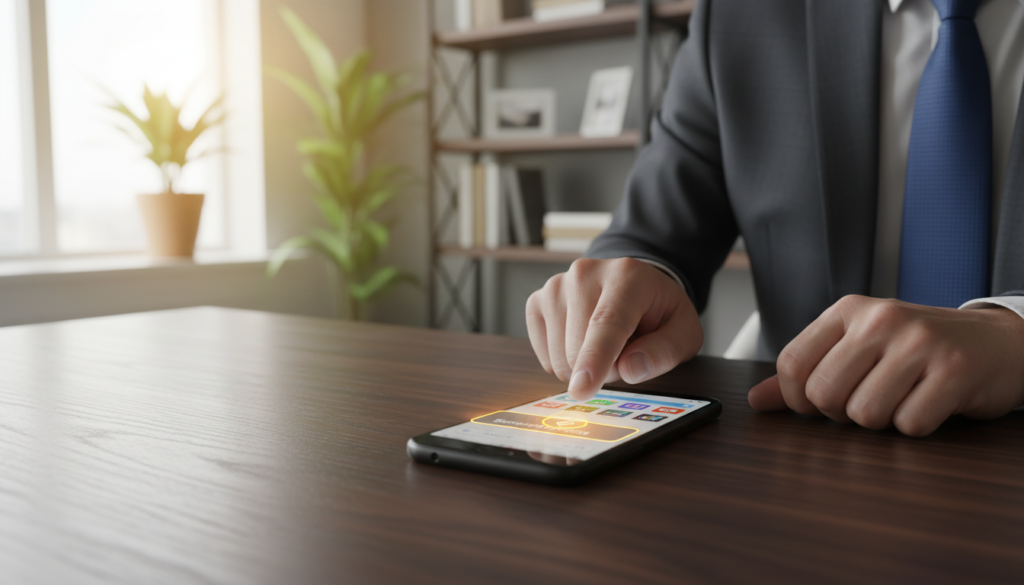 An Android smartphone displaying the screen pinning feature, positioned on a sleek wooden table. In the foreground, the phone's vibrant screen shows a clear interface with the screen pinning option highlighted. In the middle ground, a pair of hands in professional business attire carefully gestures towards the smartphone, demonstrating the feature's use. The background features a soft-focus office environment with subtle lighting, suggesting a sense of security and privacy. Warm, inviting colors are used to enhance the atmosphere, creating a sense of calm and focus. The composition captures a moment of teaching, emphasizing the importance of data security while sharing devices. The overall mood is informative and reassuring, focusing on technology and user safety.