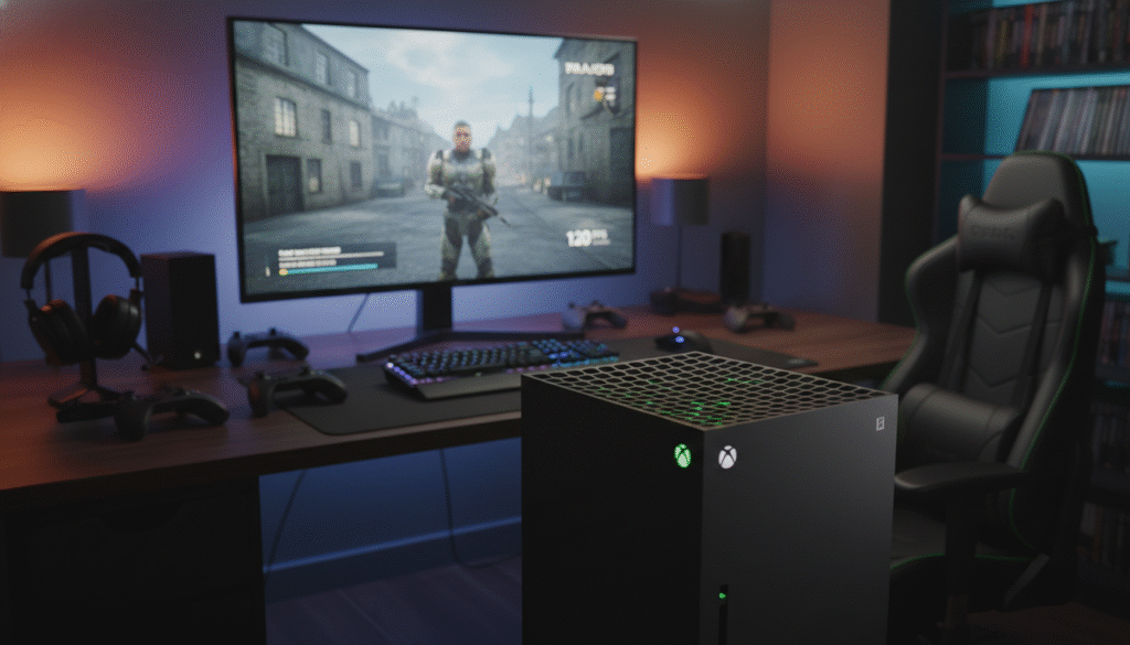 An Xbox Series X console prominently displayed in a well-lit gaming setup. The foreground features the console with glowing green lights, highlighting the intricate design. In the middle, a high-resolution television screen showcases a classic video game with enhanced graphics, illustrating the FPS Boost feature in action. The background includes a cozy gaming room setup with ambient lighting, gaming accessories, and a comfortable chair. The overall atmosphere is exciting and dynamic, reflecting the evolution of gaming technology. The image is captured with a slight angle to emphasize the console's features, using soft lighting to create a warm and inviting mood without any text or distractions. An Xbox Series X console prominently displayed in a well-lit gaming setup. The foreground features the console with glowing green lights, highlighting the intricate design. In the middle, a high-resolution television screen showcases a classic video game with enhanced graphics, illustrating the FPS Boost feature in action. The background includes a cozy gaming room setup with ambient lighting, gaming accessories, and a comfortable chair. The overall atmosphere is exciting and dynamic, reflecting the evolution of gaming technology. The image is captured with a slight angle to emphasize the console's features, using soft lighting to create a warm and inviting mood without any text or distractions.