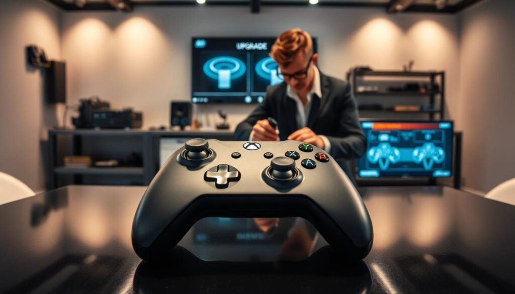 An Xbox controller upgrade service in a sleek, modern environment. In the foreground, a detailed Xbox controller with Hall Effect sensors visibly highlighted, placed on a stylish black table with subtle reflections. In the middle, a technician in professional attire carefully demonstrates the upgrade process, using precision tools and components. The background features a minimalist workspace with soft ambient lighting, a workbench displaying various tech gadgets, and a large screen showing infographics about controller technology. The atmosphere feels innovative and professional, suggesting cutting-edge technology in action, capturing the essence of how to use the service effectively. The lighting is warm, creating an inviting yet high-tech mood, shot from a slightly elevated angle to showcase the elements clearly.