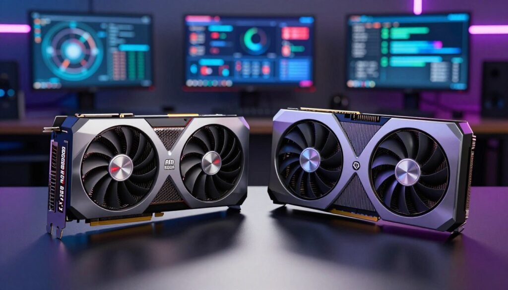 An illustration contrasting the performance of two graphics cards, featuring a sleek AMD Radeon RX 8800 XT and a NVIDIA RTX 5080, placed side by side on a modern, high-tech workstation. The foreground displays close-up details of the graphics cards, highlighting their distinctive designs and cooling systems. In the middle, soft illumination enhances the metallic textures, casting dynamic shadows to emphasize their shapes. The background features a softly blurred gaming setup with monitors displaying performance metrics, surrounded by ambient LED lighting to create an energetic, competitive atmosphere. The overall mood reflects innovation and high performance, evoking a sense of excitement in the world of gaming technology.