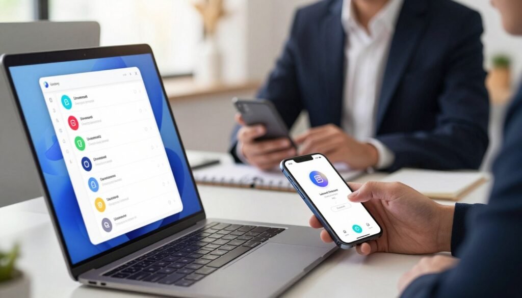 An illustration depicting a modern, sleek workspace with a computer and smartphone prominently placed on a stylish desk. The foreground features a close-up of the computer screen displaying a user-friendly interface for enabling Universal Clipboard functionality, showcasing vibrant icons and step-by-step guide elements. In the middle ground, a person dressed in professional business attire is interacting with the smartphone, demonstrating the process of copying and pasting between devices. The background should include soft, natural lighting filtering through a large window, creating a warm and inviting atmosphere. Use a wide-angle lens effect to capture the depth of the workspace, emphasizing clarity and focus on the clipboard feature. The overall mood is professional yet accessible, reflecting a seamless tech experience.