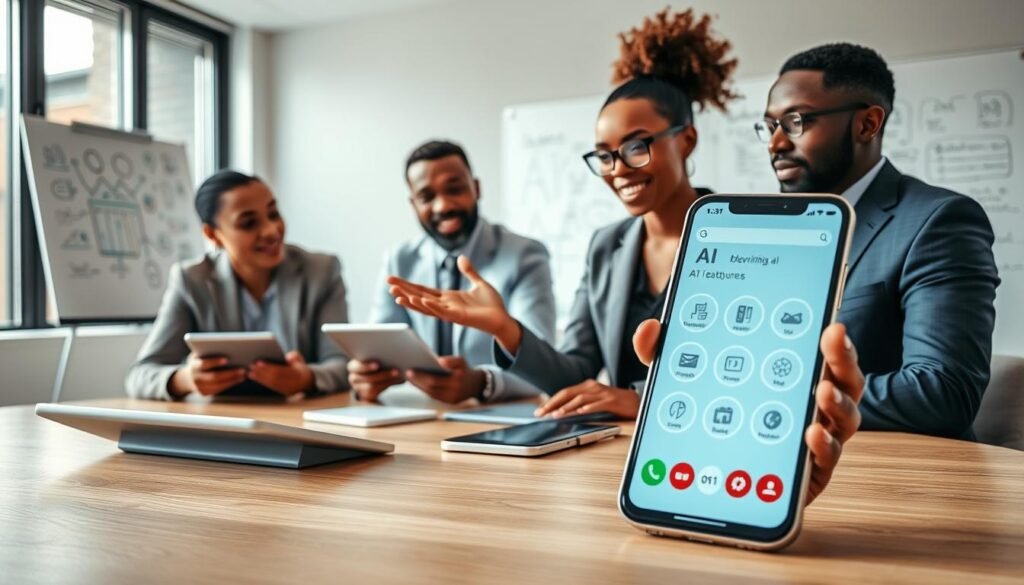 An office setting showcasing a diverse group of three professional individuals collaborating around a modern table. They are engaged in utilizing AI technology on sleek devices like tablets and smartphones. One person, a woman in a smart business outfit, gestures enthusiastically as she shares insights on maximizing AI features on a screen. In the foreground, a close-up of a smartphone displaying an interface of AI tools, emphasizing user-friendly design. Soft, natural light spills in through large windows, creating a warm and inviting atmosphere. In the background, a whiteboard filled with notes and diagrams on AI strategies adds depth to the scene. The overall mood is dynamic and innovative, illustrating teamwork and the practical use of technology.