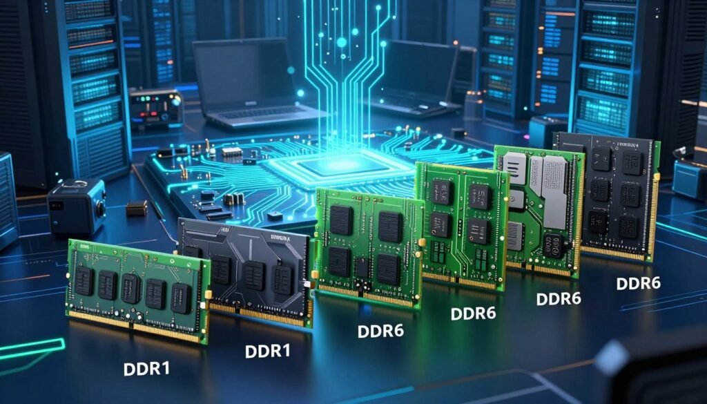 Visualize the evolution of DDR memory technology from DDR1 to DDR6, focusing on sleek, high-tech designs. In the foreground, showcase various generations of RAM modules, each labeled clearly along an elegant line. The DDR1 to DDR6 should transition smoothly, illustrating their evolution in size, design, and technology. In the middle ground, integrate a glowing circuit board with intricate pathways, symbolizing innovation and advancement. The background should feature a futuristic tech landscape with abstract server farms and digital elements, representing the data-driven world of modern gaming laptops. The scene should be illuminated with dynamic, cool blue and green lighting to evoke a sense of progress and excitement. Use a slightly angled view to emphasize depth and complexity, creating an immersive atmosphere that captures the technological journey through RAM advancements.