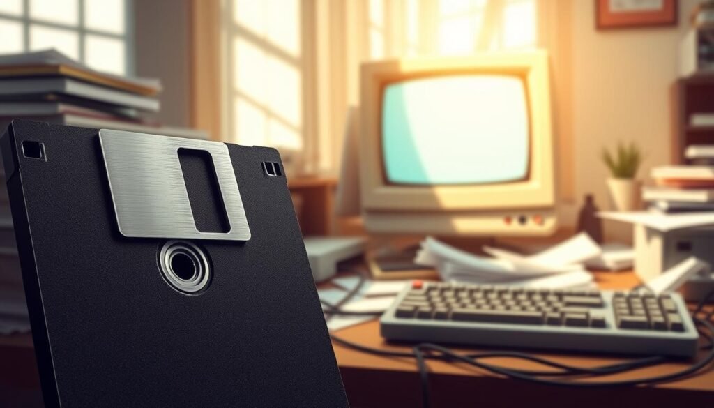 a detailed illustration of an 8-inch floppy disk prominently placed in the foreground, showcasing its black and gray casing, metallic shutter, and iconic label area. The disk is slightly angled to reveal its texture and details. In the middle ground, a nostalgic 1980s-style computer monitor displays a simple interface, emphasizing the era's technology. The background features a soft-focus view of a cluttered office desk, with scattered papers and a retro keyboard, evoking a sense of nostalgia. Natural lighting filters through a nearby window, casting gentle shadows, creating a warm, inviting atmosphere. The overall mood is reflective and nostalgic, capturing the essence of early computing technology.