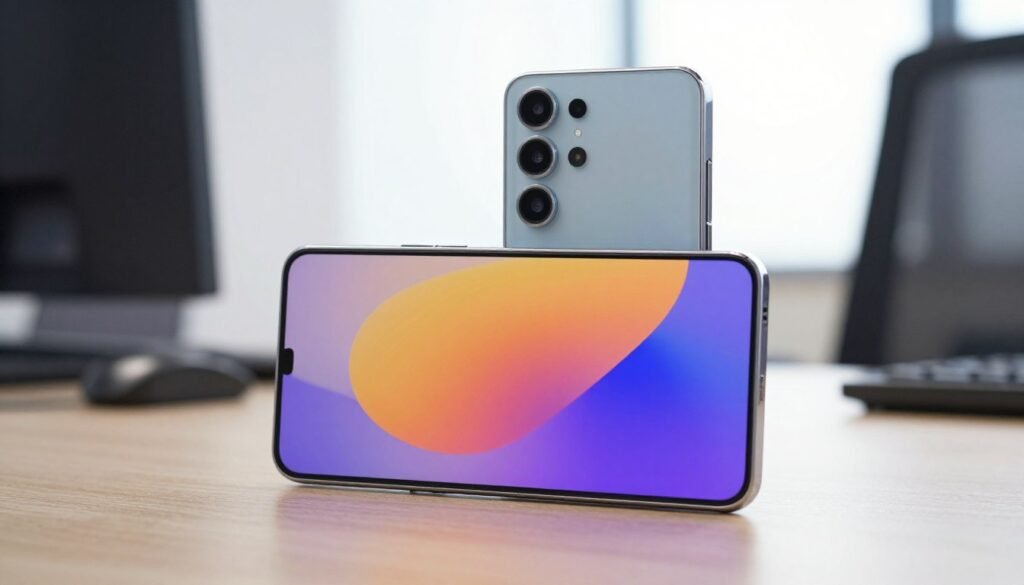 A Samsung Galaxy S25 Ultra with a stunning 6.9-inch display is showcased in the foreground, displaying vibrant colors and intricate details of its high-resolution screen. The phone is angled slightly to capture both the sleek design and the immersive display, highlighting the surface reflections and gradient colors. In the middle ground, a blurred office setting creates a professional atmosphere, emphasizing the phone's versatility for everyday use. Soft, natural lighting bathes the scene, producing gentle shadows that enhance the device's curves and features. The background subtly suggests a modern workspace with hints of tech accessories, enhancing the mood of innovation and sophistication. The overall composition radiates an aura of clarity and brightness, inviting viewers to appreciate the excellence of the display.