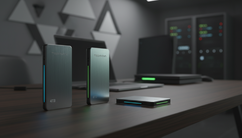 A close-up view of a modern, sleek SSD with a capacity of 4TB and 8TB, prominently displayed on a dark wooden desk. In the foreground, the SSDs are shown with their sleek designs and detailed branding, the metal casing reflecting soft, ambient lighting. In the middle ground, include a blurred laptop and gaming console to hint at their compatibility, while subtle blue and green LED lights emanate from the devices, creating a high-tech atmosphere. The background fades into a minimalist tech-themed office environment, softly lit, suggesting innovation and advanced technology. The overall mood should be professional and sophisticated, suitable for gamers and tech enthusiasts alike, emphasizing performance and storage capacity.