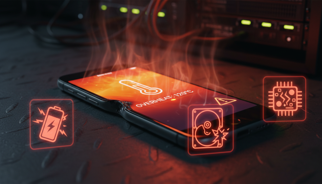 A close-up view of a smartphone, specifically an iPhone, lying on a surface with visible signs of overheating, such as a slightly warped body and a glowing screen indicating high temperatures. In the background, a faint heat haze can be seen, suggesting an intense environment. The foreground features small, floating icons representing risks like battery explosion, data loss, and damage to internal components, subtly illustrated to enhance the understanding of dangers. The lighting is dramatic, with a warm glow highlighting the phone, creating an alarming yet informative mood. Capture this scene from a slight angle to emphasize the iPhone's condition while maintaining a clear focus. The atmosphere should evoke concern while remaining professional and informative. A close-up view of a smartphone, specifically an iPhone, lying on a surface with visible signs of overheating, such as a slightly warped body and a glowing screen indicating high temperatures. In the background, a faint heat haze can be seen, suggesting an intense environment. The foreground features small, floating icons representing risks like battery explosion, data loss, and damage to internal components, subtly illustrated to enhance the understanding of dangers. The lighting is dramatic, with a warm glow highlighting the phone, creating an alarming yet informative mood. Capture this scene from a slight angle to emphasize the iPhone's condition while maintaining a clear focus. The atmosphere should evoke concern while remaining professional and informative.