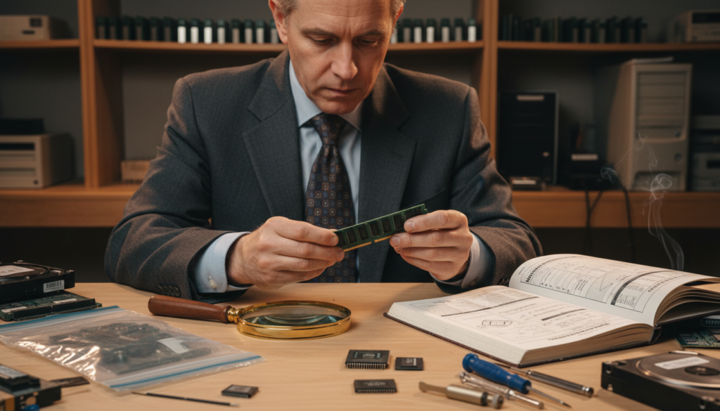A close-up view of a technician inspecting a SIMM memory module under a bright, focused light in a well-equipped workshop. The technician, dressed in a professional business attire, should be seated at a clean workbench cluttered with various computer parts and tools, magnifying glasses, and a manual for memory compatibility. The foreground features their hands delicately holding the SIMM, examining its pins. In the background, shelves lined with different memory modules and computer components create a sense of depth. The atmosphere is one of focused concentration, with warm lighting highlighting the technical details of the SIMM. The image should evoke nostalgia for the past technology era and convey the importance of checking system compatibility before upgrades.