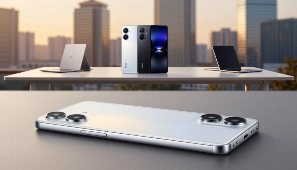 A conceptual image showcasing the strategy behind Redmi's minimalist product approach. In the foreground, display an elegant smartphone design symbolizes excellence, smoothly integrated with a subtle, modern branding element. The middle layer features a well-organized, sleek table with a few high-quality Redmi devices, representing selective offerings in the budget and mid-range segments. In the background, a blurred cityscape under warm, ambient lighting reflects innovation and growth. Use a low-angle shot to create a sense of importance and ambition. The atmosphere should feel professional yet optimistic, illustrating the future of technology and consumer choice without any text, logos, or distracting elements.