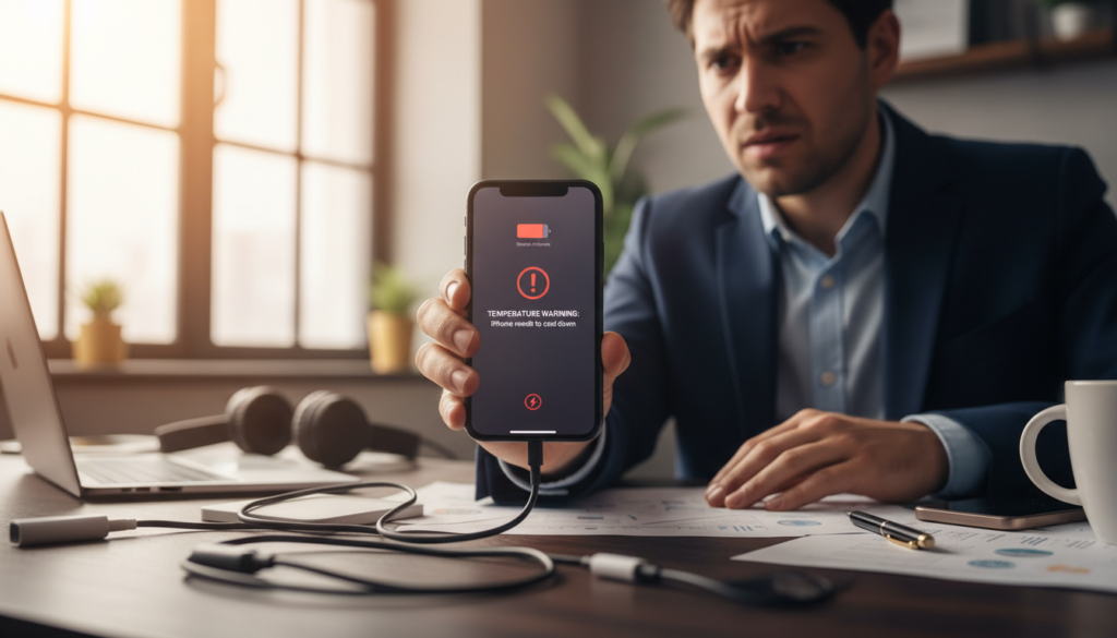 A concerned individual in a modern office setting examining an iPhone that shows signs of overheating while fast charging. In the foreground, focus on the iPhone, displaying its screen with a warning icon illuminated, surrounded by charging cables. The middle ground features the individual's hand holding the phone, with a furrowed brow, dressed in professional business attire. The background includes a blurred desk cluttered with tech gadgets and a laptop, suggesting a busy work environment. Bright, natural lighting filters through a window, casting soft shadows that enhance the sense of urgency and concern. The mood is tense yet professional, highlighting the importance of recognizing hardware issues in electronic devices. A concerned individual in a modern office setting examining an iPhone that shows signs of overheating while fast charging. In the foreground, focus on the iPhone, displaying its screen with a warning icon illuminated, surrounded by charging cables. The middle ground features the individual's hand holding the phone, with a furrowed brow, dressed in professional business attire. The background includes a blurred desk cluttered with tech gadgets and a laptop, suggesting a busy work environment. Bright, natural lighting filters through a window, casting soft shadows that enhance the sense of urgency and concern. The mood is tense yet professional, highlighting the importance of recognizing hardware issues in electronic devices.