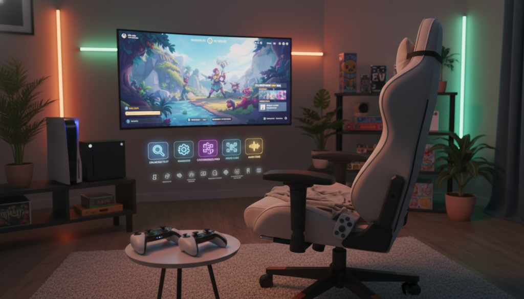 A cozy gaming room featuring modern gaming consoles like PlayStation and Xbox, designed to highlight accessibility features. In the foreground, a comfortable gaming chair with adjustable settings and ergonomic support. The middle ground includes a large, vibrant screen displaying a visually rich game with options for color-blind modes. Surrounding the screens, subtle visual cues show various accessibility settings, like enlarged texts and customizable HUD elements. The background is softly lit, with ambient neon lighting to create an inviting atmosphere. The scene reflects a welcoming and inclusive environment, emphasizing a friendly yet professional mood. Capture the image with a wide-angle lens to showcase depth, ensuring all elements are in focus and inviting for various gamers. A cozy gaming room featuring modern gaming consoles like PlayStation and Xbox, designed to highlight accessibility features. In the foreground, a comfortable gaming chair with adjustable settings and ergonomic support. The middle ground includes a large, vibrant screen displaying a visually rich game with options for color-blind modes. Surrounding the screens, subtle visual cues show various accessibility settings, like enlarged texts and customizable HUD elements. The background is softly lit, with ambient neon lighting to create an inviting atmosphere. The scene reflects a welcoming and inclusive environment, emphasizing a friendly yet professional mood. Capture the image with a wide-angle lens to showcase depth, ensuring all elements are in focus and inviting for various gamers.