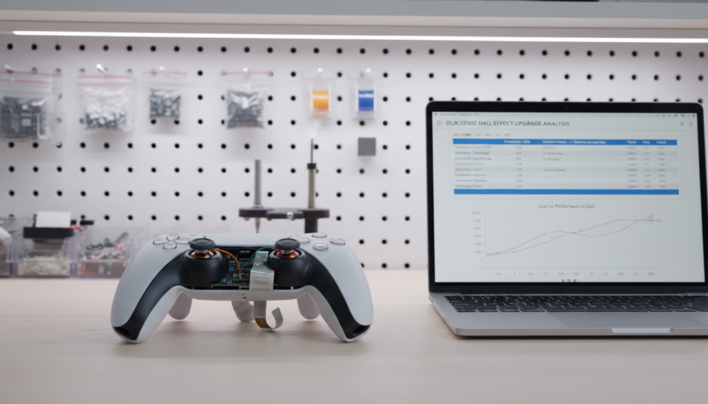 A detailed analysis of the cost associated with upgrading the Hall Effect sensors in a DualSense controller, set in a minimalist workspace. In the foreground, a DualSense controller with its casing partially open, showcasing the inner components and the Hall Effect sensors. The middle ground features a sleek, open laptop displaying spreadsheets and graphs detailing the costs and potential risks of upgrading. In the background, well-organized tech components, such as resistors and wires, complement the scene. The lighting is bright and focused, emulating a professional atmosphere, with soft shadows casting a sense of depth. The camera angle is slightly elevated, providing a comprehensive view of the workspace while maintaining a clean and organized look, evoking a mood of meticulous analysis and professionalism.