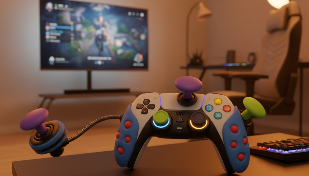 A detailed and artistic depiction of a customized PS5 access controller designed for enhanced accessibility features. The foreground showcases the controller with various physical modifications, featuring ergonomic grips, larger buttons, and add-on joystick extensions in vibrant colors and textures. In the middle, a soft-focus background reveals a gaming setup with a modern flat-screen television displaying a gaming interface, adding context to its usage. Use warm, ambient lighting to create an inviting atmosphere, highlighting the controller's innovative features. Capture the scene from a slightly elevated angle to emphasize both the controller and the gaming environment, conveying a sense of empowerment and inclusivity for all gamers.