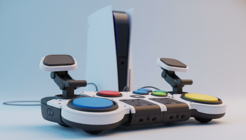 A detailed close-up view of a modular access controller designed for the PlayStation 5, showcasing its unique features and capabilities. The foreground presents the controller, emphasizing its ergonomic design, customizable buttons, and accessible features like large trigger pads and joystick placements. The middle ground includes subtle elements like a PS5 console, lightly blurred to focus on the controller, hinting at its compatibility. The background features a soft gradient of blue and white, reflecting a modern gaming environment. Utilize soft, diffused lighting to create a welcoming atmosphere, enhancing the controller’s highlights and textures, shot at a slightly elevated angle for an engaging perspective. The mood is inclusive and supportive, conveying innovation in gaming accessibility.
