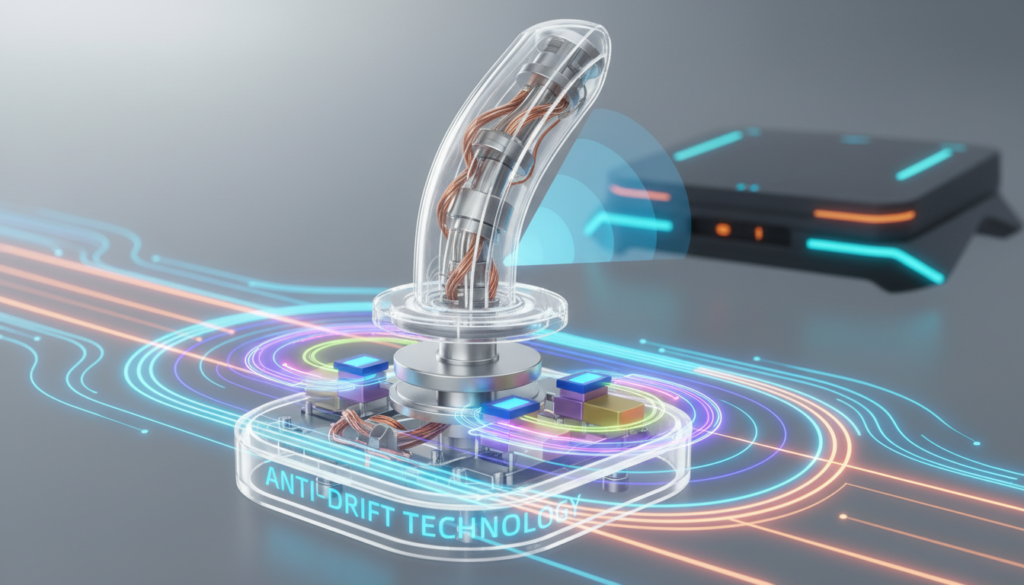 A detailed illustration of a Hall Effect joystick, showcasing its internal components and the magnetic mechanism. In the foreground, the joystick is prominently displayed, with a transparent outer casing revealing its intricate wiring and hall sensors. The middle ground features animated magnetic field lines emanating from strategically placed magnets, highlighting how they interact with the joystick movement. The background includes a soft-focus depiction of a gaming console, emphasizing a futuristic and technological atmosphere. The lighting should be bright and crisp, enhancing the metallic surfaces and the vibrant colors of the components. Capture the scene from a slightly angled top-down perspective for an engaging look into this anti-drift technology.