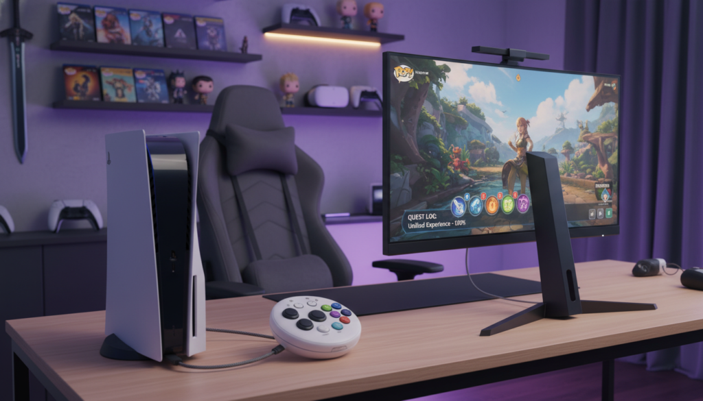 A detailed image showcasing the compatibility of the PS5 ecosystem with the Access Controller. In the foreground, an elegant, modern gaming setup featuring a PS5 console, Access Controller, and a large gaming monitor displaying a vibrant game interface. In the middle ground, a cozy gaming chair, with subtle ambient lighting illuminating the scene to create a warm, inviting atmosphere. The background features shelves filled with various gaming accessories and collectibles, subtly emphasizing a tech-savvy environment. Soft diffused lighting enhances the overall mood, creating a sense of innovation and inclusivity. The angle of the shot should be slightly above eye level, providing a comprehensive view of the setup while maintaining focus on the harmonious integration of the Access Controller within the PS5 ecosystem.