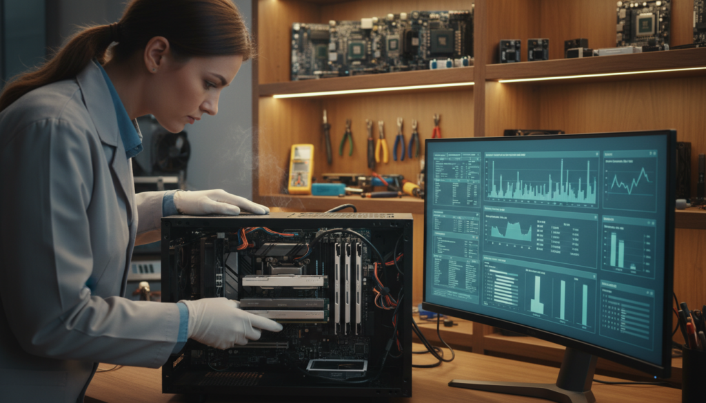 A detailed workstation scene showcasing computer memory configuration and testing. In the foreground, a technician in professional attire is focused on a computer tower, adjusting and inserting large SIMM RAM modules with delicate precision. The middle layer features a sleek desktop monitor displaying diagnostic software with graphs and memory readouts, illuminated by a soft blue light. In the background, shelves filled with various computer hardware components and tools create an organized, high-tech atmosphere. The lighting is bright yet warm, creating a sense of industrious energy. The angle captures the technician’s meticulous work while highlighting the complexity and importance of proper memory configuration and testing in computers.