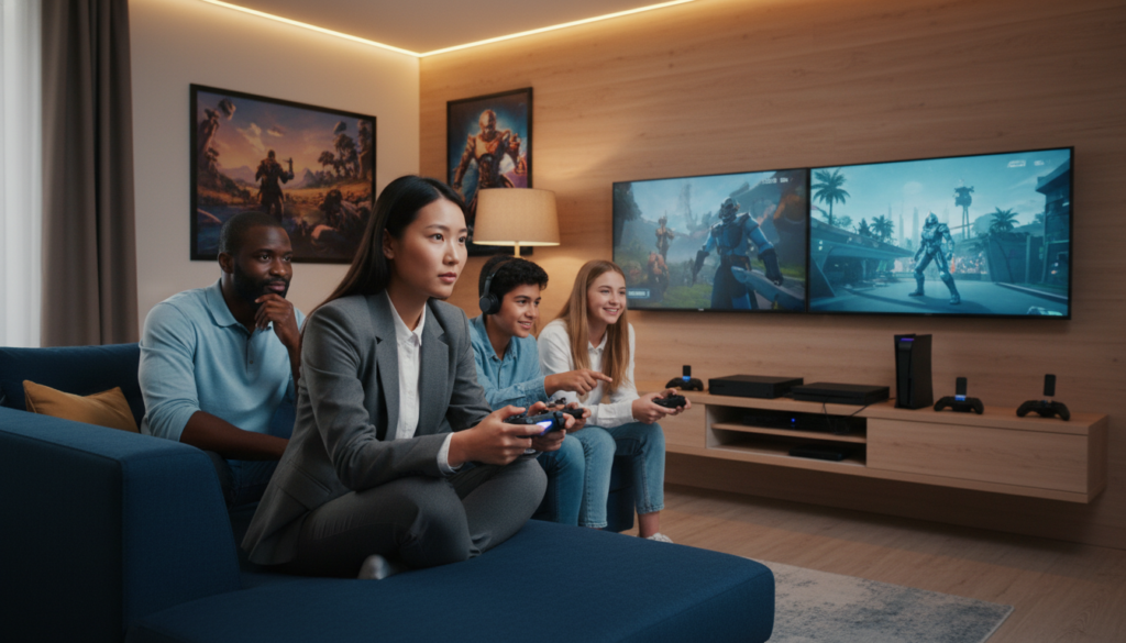 A diverse group of four gamers of varying ages and ethnicities is sitting in a cozy, modern living room, engaged in cloud gaming on sleek, large screens. In the foreground, a young woman in professional business attire is excitedly playing on a controller, her expression focused. Beside her, a middle-aged man in a casual shirt watches intently, while a teenage boy and girl enthusiastically share tips, depicting a sense of community. The warm, inviting lighting creates a welcoming atmosphere, softly illuminating the room, while a plush couch and gaming posters adorn the background. A few gaming consoles and cloud gaming accessories are visible on a stylish shelf, enhancing the tech-savvy ambiance. The image captures the blend of enjoyment and modern technology, appealing to both casual and more serious gamers.