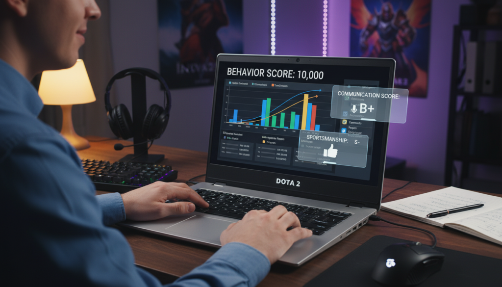 A focused scene depicting a Dota 2 player's screen displaying the Behavior Score interface, with colorful graphs and metrics visible. In the foreground, a pair of hands wearing smart casual attire navigate the interface on a sleek laptop. The player's desk is cluttered with gaming peripherals like a mechanical keyboard, a gaming mouse, and a notepad with strategy notes. In the middle, a digital overlay shows pop-up windows detailing the Behavior Score and communication statistics. The background features a dimly lit room with gaming posters on the walls and soft ambient lighting that creates a cozy atmosphere. The mood should be one of determination and focus, emphasizing the player's engagement with improving their gaming behavior. The angle should capture both the screen and the player's focused expression, creating an immersive experience.