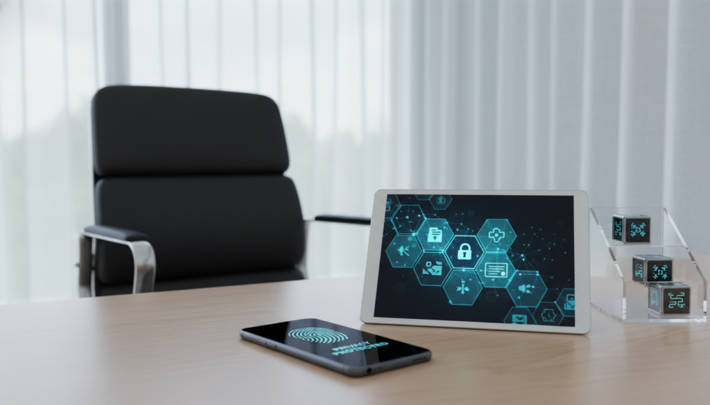 A modern office environment featuring a sleek, minimalist workstation. In the foreground, a smartphone rests on a clean desk, displaying various app icons with a privacy lock overlay. Beside it, a tablet shows file encryption graphics. In the middle ground, a stylish chair and an organizer with digital privacy tools are visible. The background features a softly blurred wall with a privacy curtain, contrasting with the bright, natural lighting streaming through a window. The atmosphere conveys security and professionalism, ideal for a tech-savvy individual. The composition should be shot from a slightly elevated angle, emphasizing the organized setup while keeping a serene, focused mood. A modern office environment featuring a sleek, minimalist workstation. In the foreground, a smartphone rests on a clean desk, displaying various app icons with a privacy lock overlay. Beside it, a tablet shows file encryption graphics. In the middle ground, a stylish chair and an organizer with digital privacy tools are visible. The background features a softly blurred wall with a privacy curtain, contrasting with the bright, natural lighting streaming through a window. The atmosphere conveys security and professionalism, ideal for a tech-savvy individual. The composition should be shot from a slightly elevated angle, emphasizing the organized setup while keeping a serene, focused mood.