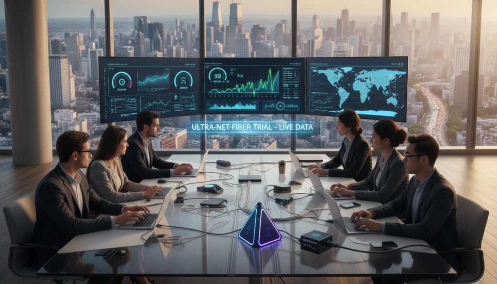 A modern office environment showcasing a third-party high-speed internet provider test in action. In the foreground, a diverse group of professionals, dressed in business casual attire, intently monitor high-resolution screens displaying data metrics and performance graphs. In the middle, a sleek table cluttered with various devices, including laptops and smart devices, connected to a high-tech router emitting light. The background features large windows with a panoramic view of a bustling cityscape, emphasizing innovation and technology. Soft, natural lighting filters in, creating an atmosphere of focus and urgency. The composition captures the excitement and challenges faced during this high-speed internet trial, inviting viewers to feel the intensity of the moment.