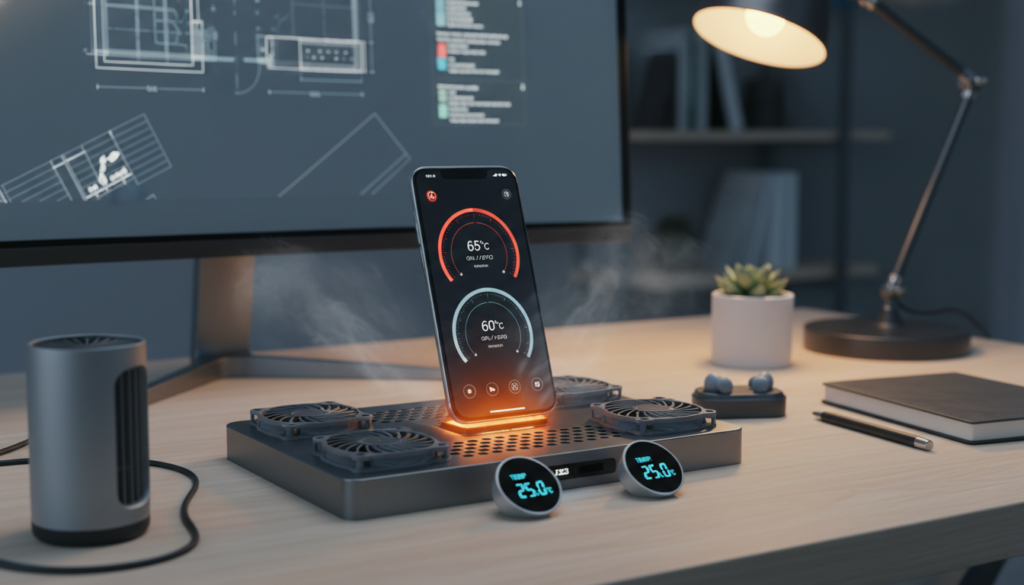 A modern smartphone lying on a sleek, cooling pad, surrounded by small fans creating a breeze to symbolize temperature control. The foreground features the phone with visible heat indicators, such as temperature gauges and a soft glow emanating from its screen. In the middle, show a clean and organized workspace with minimal distractions, highlighting accessories like a charging dock and portable cooling units. The background illustrates a subtle office setting with warm lighting that conveys a calm and productive atmosphere. Capture the scene from a slightly elevated angle to provide perspective, emphasizing the importance of maintaining device health during intense gaming sessions. The overall mood should be focused and professional, reflecting tips on keeping technology in optimal condition.
