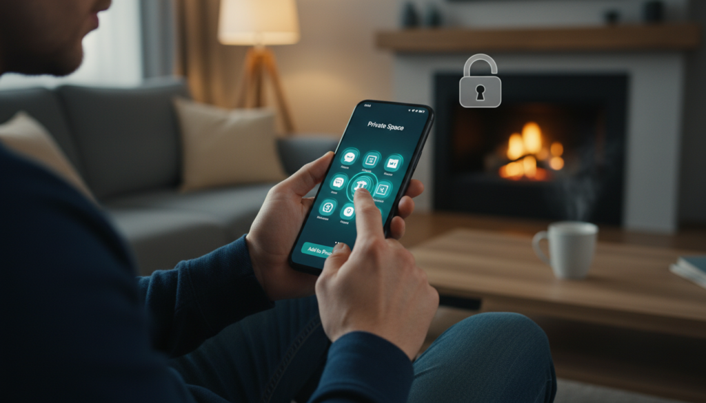 A modern smartphone screen displaying the process of adding applications to a private space feature on an Android device. In the foreground, a user, dressed in smart casual attire, is gently tapping the screen with a focused expression, showcasing the app selection interface. The middle ground features visible app icons with a subtle glow to indicate the selection process, while a shadowy privacy lock symbol subtly adorns one corner to emphasize security. The background is a softly blurred living room setting, illuminated by warm, ambient lighting that creates a cozy yet tech-savvy atmosphere. The overall mood is one of simplicity and innovation, underscoring the importance of privacy in digital life. A modern smartphone screen displaying the process of adding applications to a private space feature on an Android device. In the foreground, a user, dressed in smart casual attire, is gently tapping the screen with a focused expression, showcasing the app selection interface. The middle ground features visible app icons with a subtle glow to indicate the selection process, while a shadowy privacy lock symbol subtly adorns one corner to emphasize security. The background is a softly blurred living room setting, illuminated by warm, ambient lighting that creates a cozy yet tech-savvy atmosphere. The overall mood is one of simplicity and innovation, underscoring the importance of privacy in digital life.