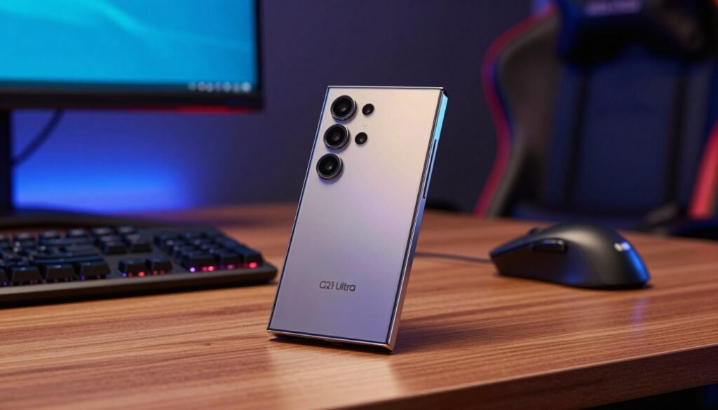 A sleek and modern smartphone sits prominently on a stylish wooden table, showcasing the Samsung Galaxy S25 Ultra, angled to highlight its stunning display and elegant design. The device is surrounded by subtle gaming accessories, such as a compact gaming keyboard and a high-performance gaming mouse, evoking a vibe of elite mobile gaming. Soft, ambient lighting enhances the scene, casting gentle shadows that emphasize the phone’s smooth contours. In the background, a blurred gaming setup reveals a vibrant LED monitor and plush gaming chair, adding depth and context without distracting from the main subject. The atmosphere is dynamic yet sophisticated, suggesting an exciting gaming experience while balanced with everyday usability. The scene is captured with a shallow depth of field, focusing sharply on the phone, creating an inviting, tech-savvy environment.