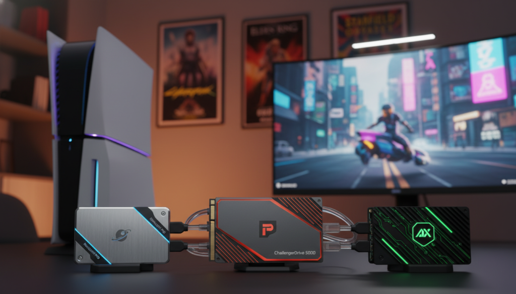 A sleek, modern gaming setup featuring the best SSDs for PS5 in 2025. In the foreground, showcase a close-up of three high-performance SSDs, highlighting their unique designs and branding. The middle layer should include a PlayStation 5 console, elegantly placed, with vibrant LED lights illuminating the SSDs. In the background, create a blurred ambiance of a stylish gaming room, adorned with posters of popular gaming titles and a large monitor displaying an exciting game scene. Use soft, diffused lighting to evoke a warm, inviting atmosphere, while maintaining a sharp focus on the SSDs. Capture the scene from a slight overhead angle to emphasize the various elements harmoniously.