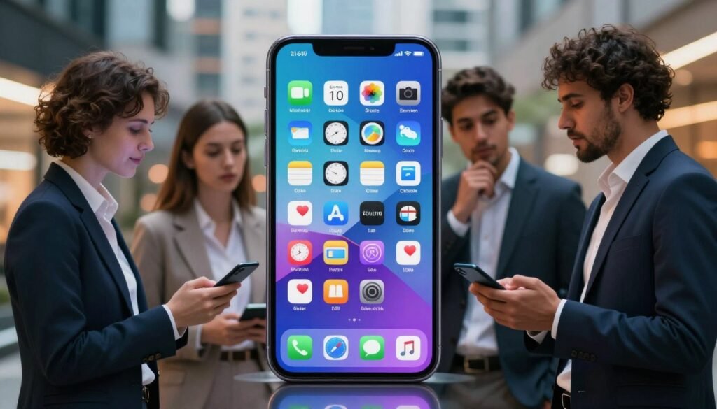 A sleek, modern smartphone prominently displayed in the foreground, showcasing its vibrant screen filled with app icons and a striking interface. On one side, visualize high-tech performance indicators like processor speed and battery life, represented graphically. The middle layer features a diverse group of three individuals in professional business attire engaged in a discussion about smartphone features, reflecting various perspectives—one appearing satisfied, one contemplative, and one intrigued. The background includes a blurred urban setting with soft lighting, enhancing a sense of innovation and technology. The atmosphere is dynamic and focused, conveying a balance between high performance and affordability, illuminated by subtle, warm tones that suggest a productive and modern environment.