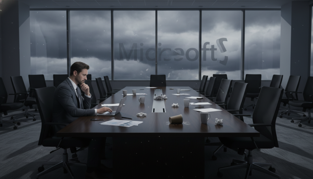 A somber office environment reflecting major layoffs at Microsoft Gaming, with a long table surrounded by empty chairs, symbolizing job loss. In the foreground, a business professional in formal attire looks at a laptop with a contemplative expression. The middle ground features scattered papers and an overturned coffee cup, conveying chaos and uncertainty. The background shows a large window with a gloomy sky, hinting at a storm, enhancing the mood of upheaval and change. Soft, diffuse lighting casts shadows that emphasize the bleak atmosphere. The composition captures the weight of the situation, suggesting the impact on the gaming industry with a focus on corporate strategy changes. A somber office environment reflecting major layoffs at Microsoft Gaming, with a long table surrounded by empty chairs, symbolizing job loss. In the foreground, a business professional in formal attire looks at a laptop with a contemplative expression. The middle ground features scattered papers and an overturned coffee cup, conveying chaos and uncertainty. The background shows a large window with a gloomy sky, hinting at a storm, enhancing the mood of upheaval and change. Soft, diffuse lighting casts shadows that emphasize the bleak atmosphere. The composition captures the weight of the situation, suggesting the impact on the gaming industry with a focus on corporate strategy changes.