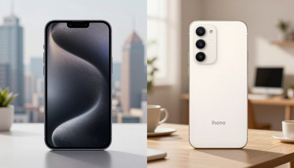 A split-screen illustration contrasting two smartphone scenarios: on the left, depict a sleek, high-priced smartphone with a glossy finish, showcasing advanced features and luxury design elements, in a well-lit environment with a focus on its shimmering screen, capturing the sense of exclusivity and premium quality. On the right, illustrate a reliable, mid-range smartphone with a softer matte finish and a user-friendly interface, surrounded by a warm, inviting setting, embodying long-term software support and functionality. The background fades from a modern city skyline on the left to a cozy home office on the right. Use soft natural lighting to convey a balanced mood, emphasizing the choices faced by consumers in the budget and mid-range market segment.