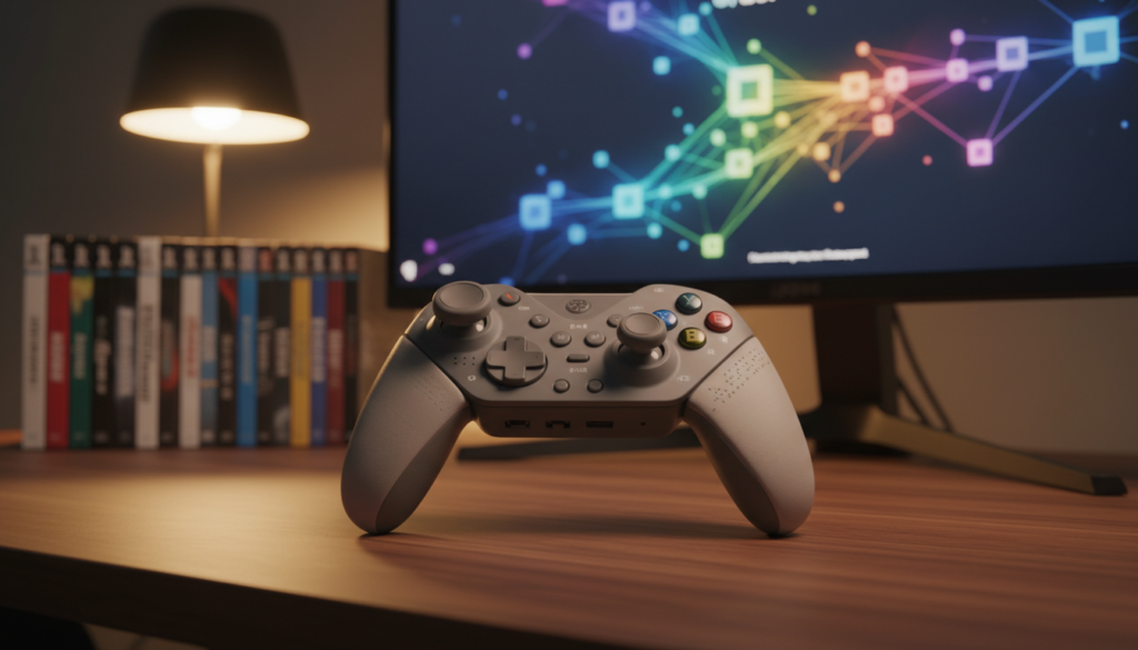 A state-of-the-art adaptive game controller designed for inclusivity, featured prominently in the foreground, showcasing customizable buttons, textured grips, and adjustable joysticks. The controller is set against a sleek wooden gaming desk, with console games and a large gaming monitor softly illuminated in the background. The lighting is warm and inviting, creating a cozy atmosphere typical of a home gaming setup. The image captures the controller at a slight angle, allowing viewers to appreciate its ergonomic design and modern aesthetics. In the background, the gaming monitor displays an abstract, colorful interface, adding a dynamic and engaging touch, while giving a sense of the joy and accessibility this technology brings to diverse gamers. A state-of-the-art adaptive game controller designed for inclusivity, featured prominently in the foreground, showcasing customizable buttons, textured grips, and adjustable joysticks. The controller is set against a sleek wooden gaming desk, with console games and a large gaming monitor softly illuminated in the background. The lighting is warm and inviting, creating a cozy atmosphere typical of a home gaming setup. The image captures the controller at a slight angle, allowing viewers to appreciate its ergonomic design and modern aesthetics. In the background, the gaming monitor displays an abstract, colorful interface, adding a dynamic and engaging touch, while giving a sense of the joy and accessibility this technology brings to diverse gamers.