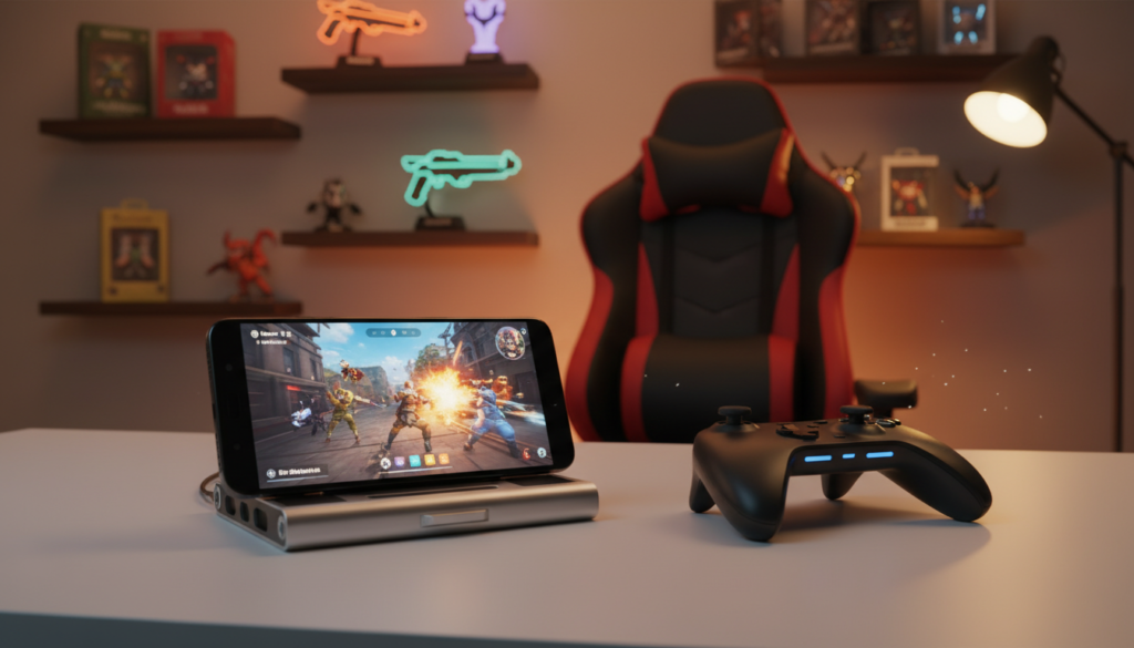 A vibrant scene depicting a high-performance Android gaming setup, showcasing a sleek smartphone displaying an intense action game onscreen. In the foreground, the phone is elegantly positioned on a minimalist gaming desk, surrounded by ergonomic accessories such as a cooling pad and a stylish controller. The middle ground features a softly illuminated gaming chair, emphasizing comfort for long gaming sessions. In the background, a well-organized shelf displays gaming trophies and collectibles, highlighting an enthusiast's passion. The lighting is warm and inviting, suggesting a cozy yet focused atmosphere ideal for gaming. The angle captures the phone in action, drawing viewers into the excitement of mobile gaming, with a subtle blur effect to convey motion and focus on the gaming experience.
