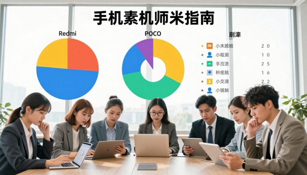 A visually engaging infographic illustrating smartphone market segmentation, showcasing diverse target audiences for brands like Redmi, POCO, and Xiaomi. In the foreground, a professional, diverse group of individuals in business attire analyzing market data on tablets, looking thoughtful and engaged. In the middle, a large pie chart and demographic icons representing age, income levels, and interests, with vibrant, contrasting colors to highlight different segments. The background features a modern office environment with large windows, allowing natural light to flood in, creating a bright and optimistic atmosphere. Use a wide-angle lens perspective to capture the dynamic interaction in the scene, emphasizing the importance of understanding target markets in technology. The overall mood is professional and insightful, geared towards technology enthusiasts and industry professionals.